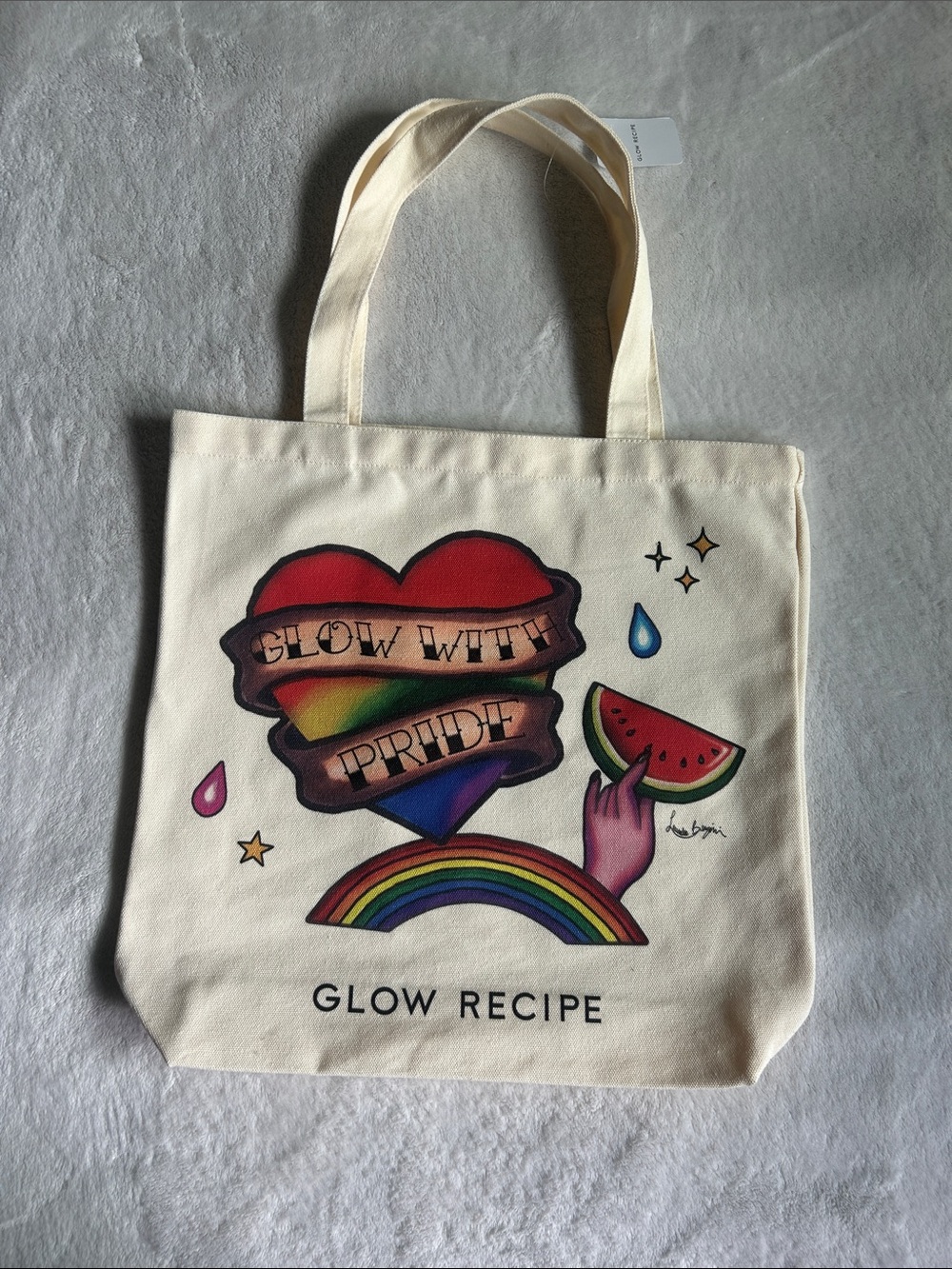 Glow Recipe Cream Canvas Tote with Rainbow Heart Graphic